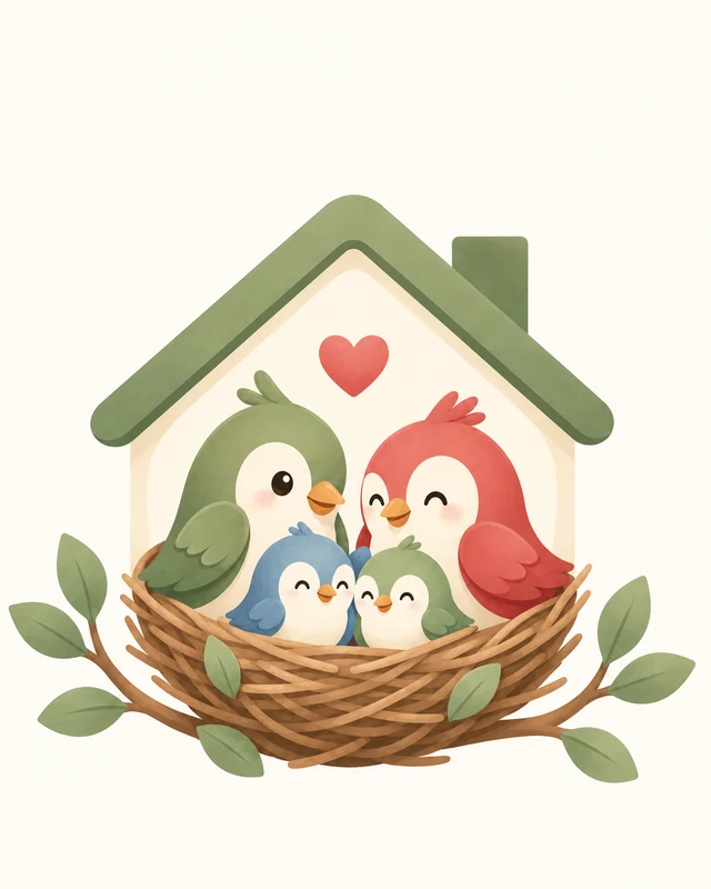 Family Nest cover artwork with parents and chicks in an illustrated nest
