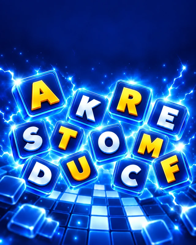 Word Blitz cover artwork with blue letter tiles and a word puzzle grid
