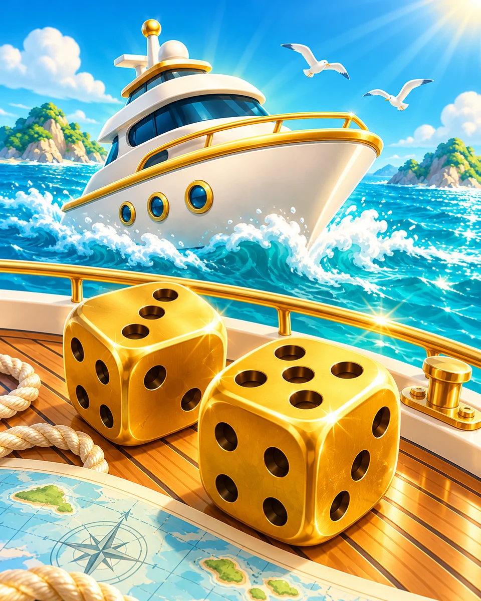 Yacht-Zee nautical dice-game artwork with a yacht, waves, and golden dice