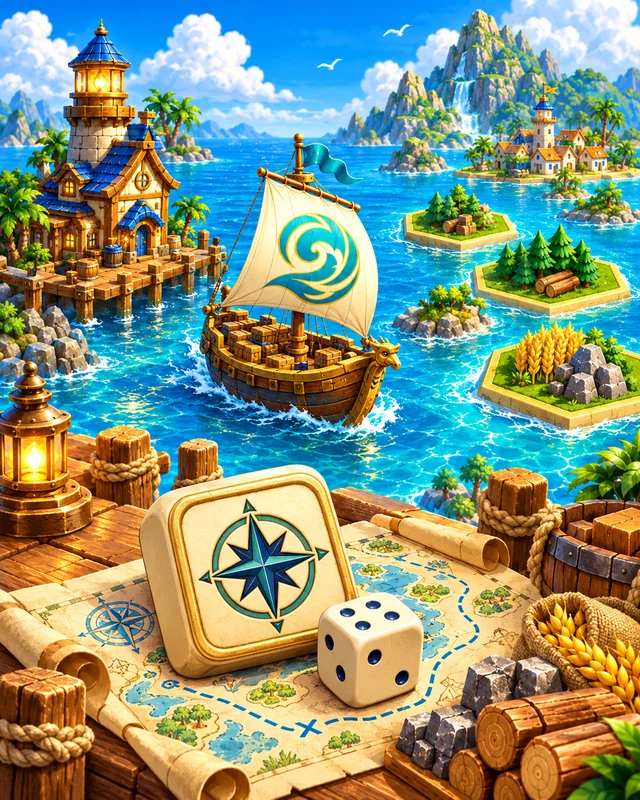 Dice Harbor cover artwork showing dice and a trading ship at a harbor