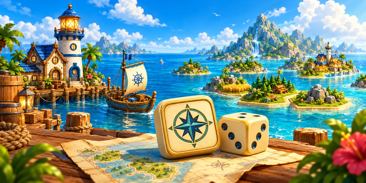 Dice Harbor harbor scene with compass dice, a trading ship, and a lighthouse